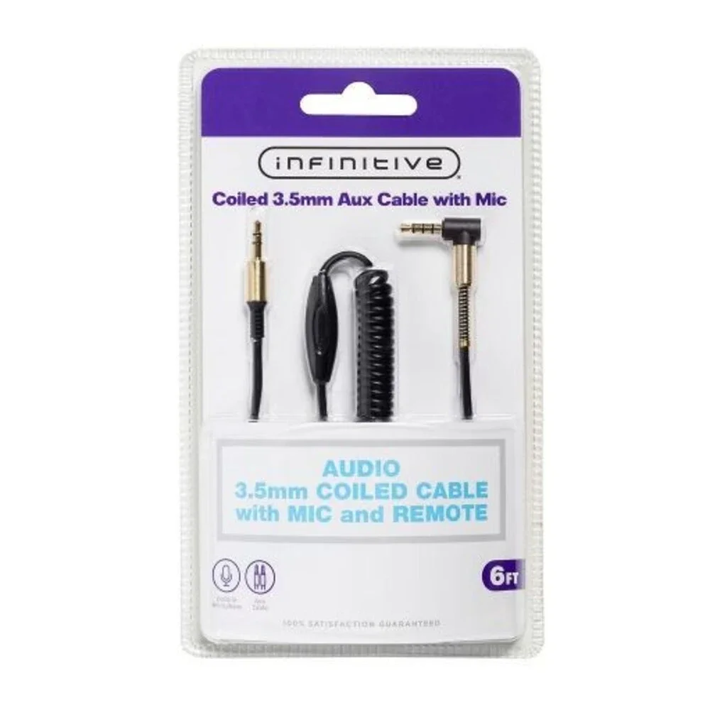 New Infinitive Coiled 3.5 mm Aux Cable with Mic and Remote New 6ft. Sealed NIP